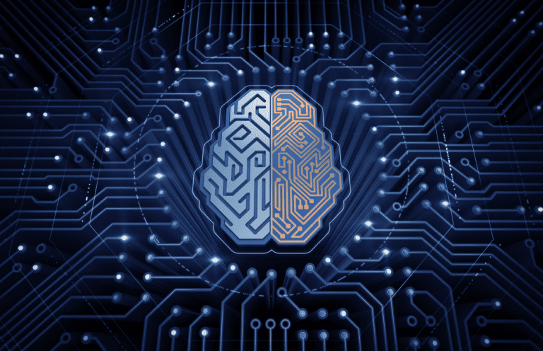 An electronic chip in form of a human brain in center of the circuit board of digital cyberspace.