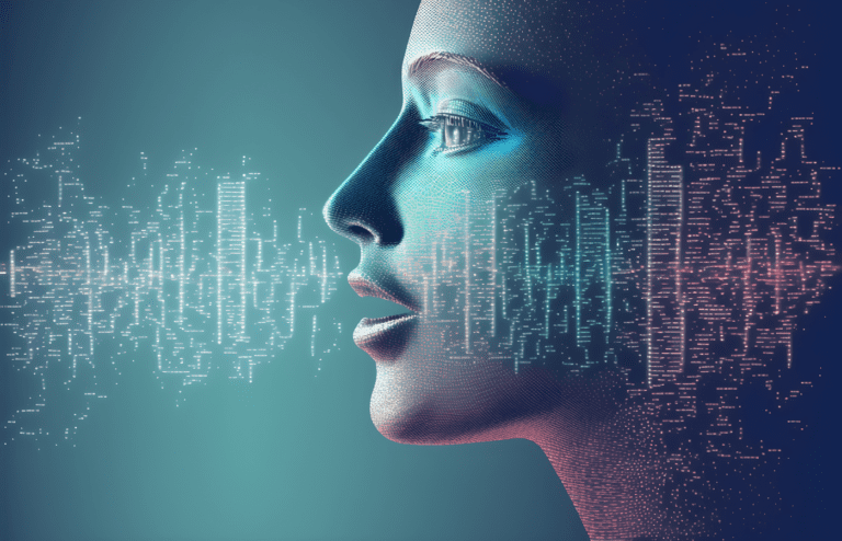AI bot with sound wave patterns.