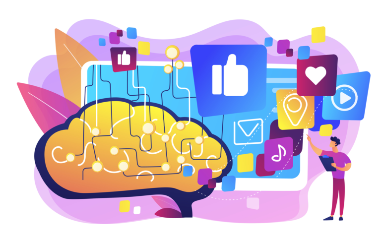 Flat vector illustration of a digital brain with social media icons.