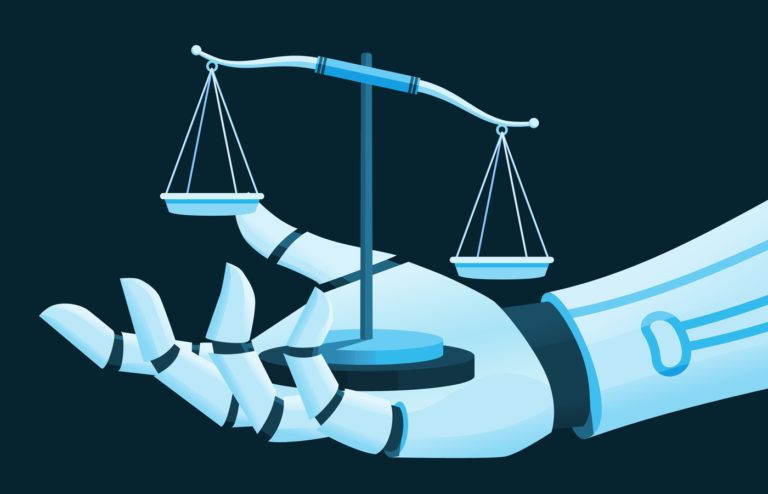Flat vector illustration of a robotic hand holding a balance scale.