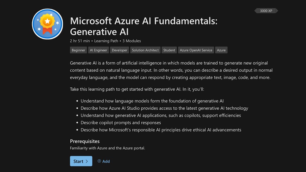 Microsoft Azure AI Fundamentals: Generative AI course title screenshot.