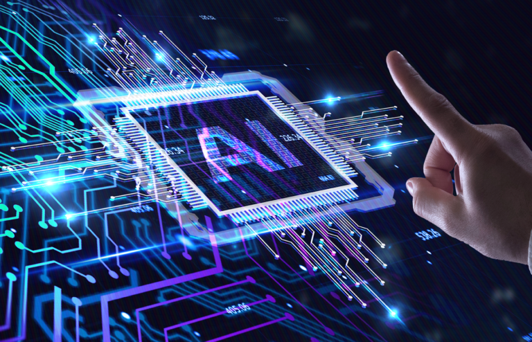 Hand interacting with a virtual chip with AI inscription.