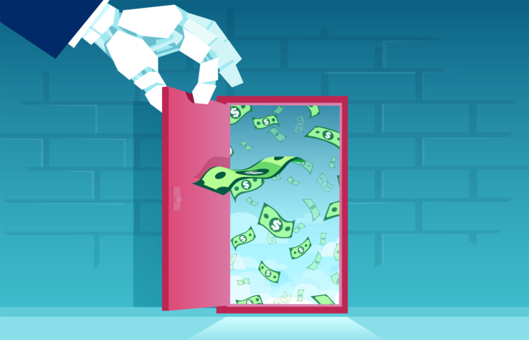 Vector illustration of a robot hand opening a door of financial opportunities.