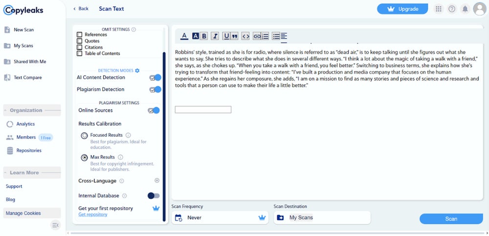 Copyleaks interface screenshot.